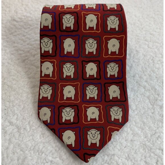 Vicky Davis Pigs 100% Silk Tie Made in USA Red NWOT Vintage - Picture 2 of 7